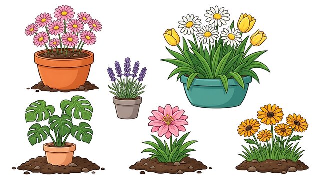 Assorted collection of vibrant potted house plants and colorful flowers for indoor gardening and decoration
