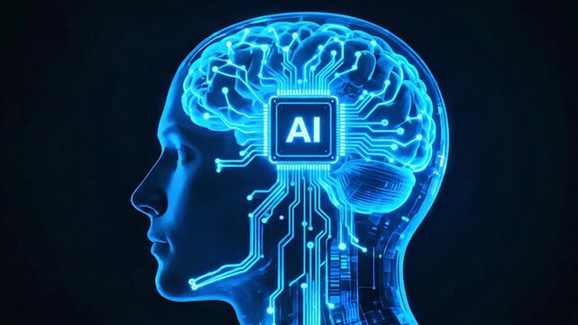 Human head profile silhouette with glowing artificial intelligence AI brain chip and circuit board loops on dark background