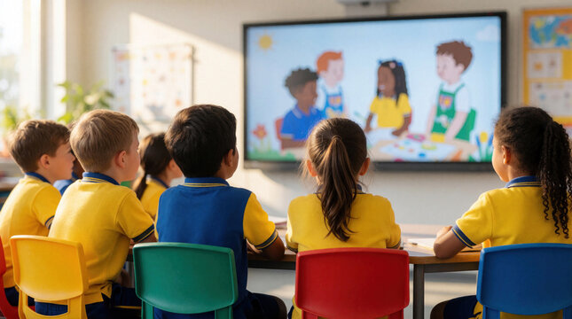 Young students watch cartoon lesson on smart screen in brightly lit classroom. Diverse children learn together with digital media in modern school setting. Kids pay attention during educational class.