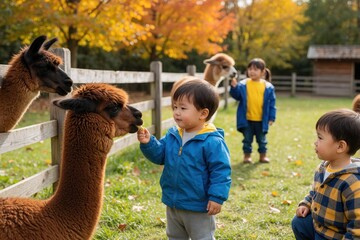 Fototapeta premium Toddlers feed alpacas at farm zoo on autumn day. Kids interact with animals at petting zoo. Children enjoy nature and fall season on rural countryside.
