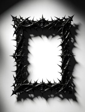 Black gothic frame made of sharp thorns isolated on white background. Rectangular decorative border with spiky ornate texture. Dark fantasy art style object for creative design projects. Moody