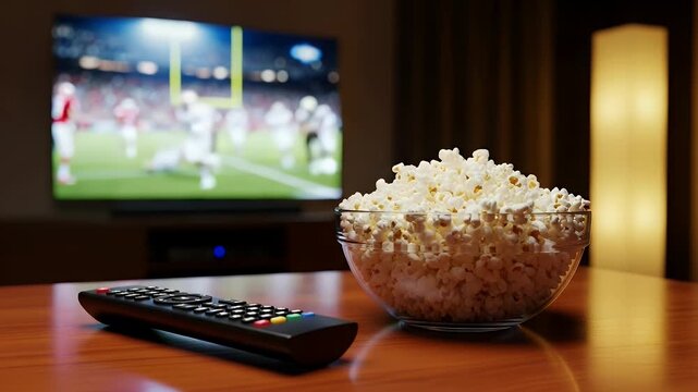 A large bowl of fresh popcorn and a TV remote control are perfectly placed on a wooden table, ready for a fun evening watching exciting televised football.