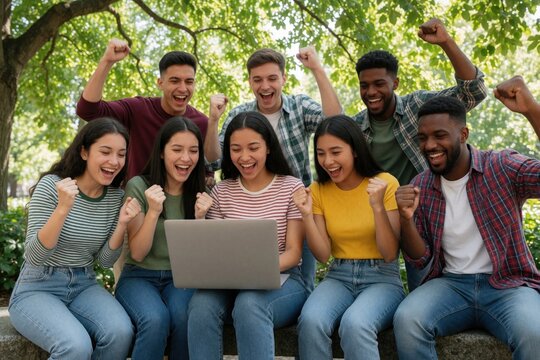 Diverse group of happy young students celebrate exam results looking at laptop screen in college park. Multiracial friends cheer, raise fists after checking online test scores together outdoors.