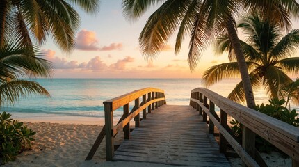 Obraz premium Wooden footbridge leads to tropical beach at sunrise. Calm turquoise ocean water meets golden sky under palm trees. Shoreline features sand, serene landscape during early morning light. Peaceful
