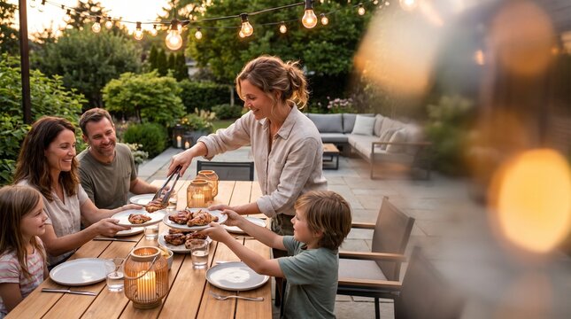 Happy mom passing a plate of delicious roasted chicken during family outdoor meal