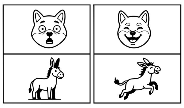 Minimalist Black and White Doge Meme Face and Donkey Character Panel Vector Illustration