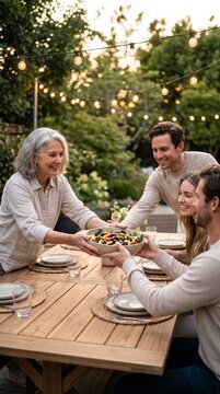 Joyful grandfather passing a large salad bowl across the wooden dining table
