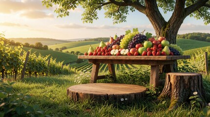 Naklejka premium Wooden table with fresh fruit stands in green meadow under tree. Ripe grapes strawberries apples pears lie on rustic desk at sunny farmland. Background view of vineyard landscape rolling hills, sky
