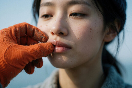 Orange gloved hand pulls young woman lips to reveal her teeth. Close-up on face, showing freckles and skin texture. Outdoor setting with bright sky.