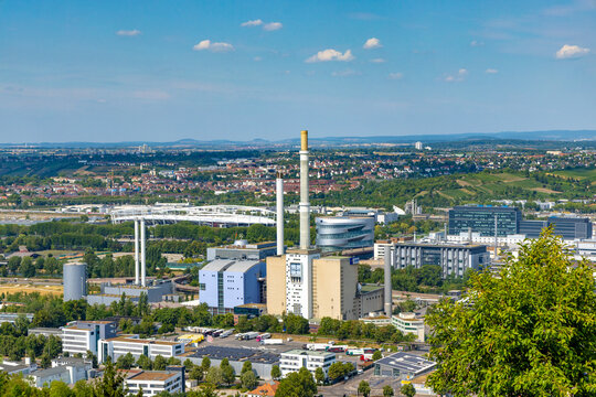 scenic skyline of Stuttgart with Mercedes Benz headquarter, production, ENBW power station and surrounding vineyards of Neckar river