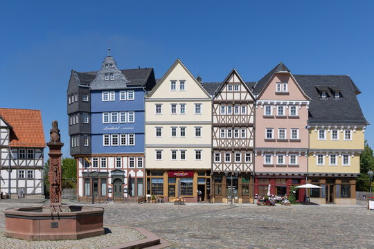 market square at Hessenpark in Neu Anspach. Since 1974, more than 100 endangered buildings have been re-erected at the Hessenpark Open-Air Museum