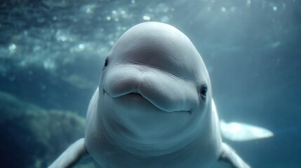 Fototapeta premium Close-up portrait of a beluga whale underwater with soft blue light