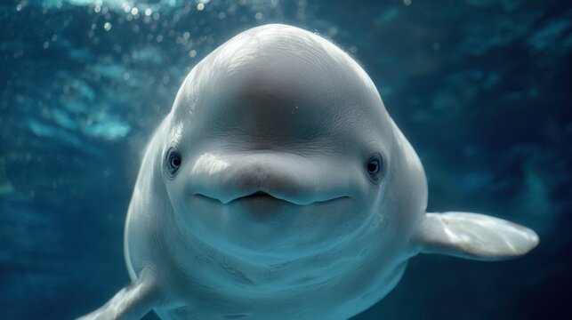 Cute beluga whale close-up portrait underwater with blue bokeh background
