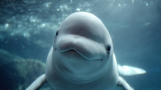 Close-up portrait of a beluga whale underwater with soft blue light