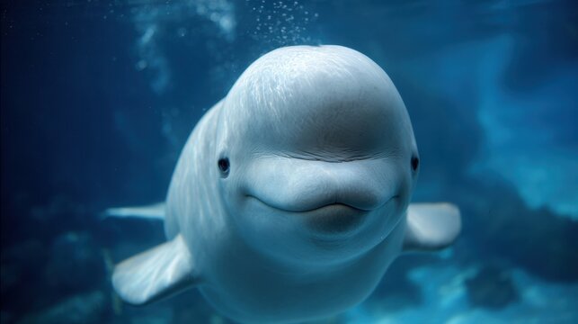 Smiling beluga whale close-up portrait underwater in blue ocean, digital art