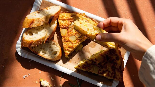 Hand picking up a slice of traditional Spanish potato omelette with bread on a tray in bright sunlight