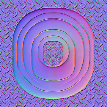 Seamless normal map texture of metal shooting target. Purple blue surface features concentric circle pattern for practice training. Three dimensional digital graphic resource with distressed grunge