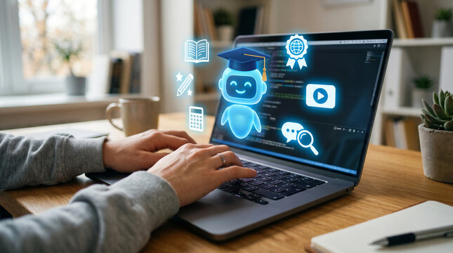 Student using an AI-powered e-learning assistant on a laptop, illustrating personalized education, intelligent tutoring, digital training, online learning, and knowledge management.