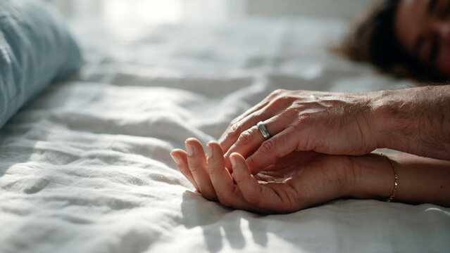Close up of two people holding hands gently while lying together on soft white bedding with captures tender moment individuals rest hands bathed soft morning