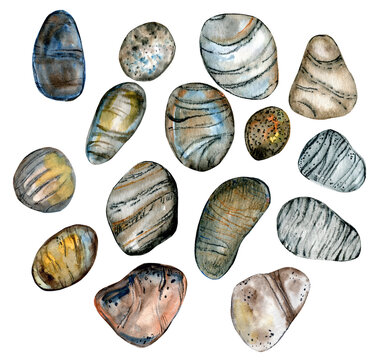 striped river rock collection 500 dpi png watercolor hand painted illustration, isolated images, clipart, beach, small pebbles with stripes 