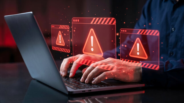 Businessperson using a laptop with security warning alerts and error messages, illustrating software issues, system failures, cybersecurity risks, troubleshooting, and digital protection.