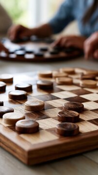Wooden checkers game on a polished board with smooth light and dark pieces set for play with blurred hands moving pieces in soft natural light