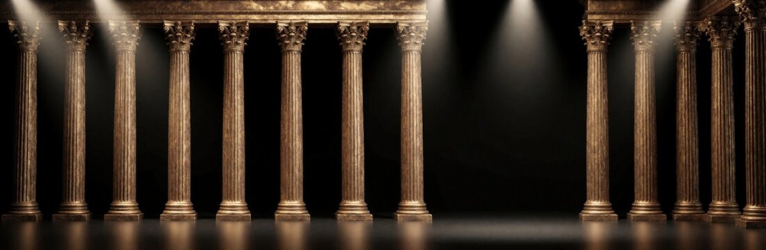 Group of ancient Greek Roman bronze columns stand on plain black background. Light spotlights shine from top on ornate capitals. Copy space for text.