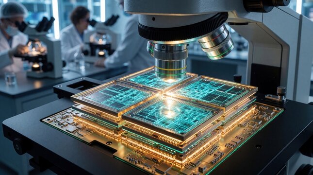 Pro microscope inspects stacked semiconductor chiplets in modern clean room laboratory. Scientists perform precision research on photonic interconnects, advanced hardware packaging. Microchip circuit