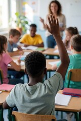 Obraz premium Young African student raises hand in classroom. Diverse classmates and teacher are present. Boy actively participates in lesson, eager to answer question.
