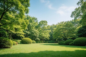 Fototapeta premium Rich green lawn in meticulously maintained park garden with manicured bushes and trees. Sunny day with blue sky provides natural outdoor setting for relaxation and beauty.