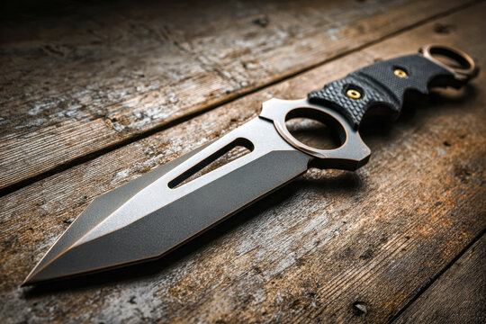 Tactical survival knife with ergonomic black handle featuring dual finger rings resting on rustic weathered wooden surface in dramatic lighting composition