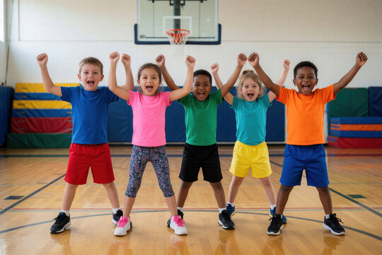 Diverse group of happy young children cheer on a basketball court. Kids celebrate victory, showing excitement and team spirit after sports practice or game.