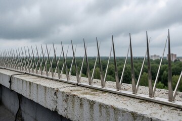 Obraz premium Metal spikes deter birds from landing on building roof edge. Stainless steel anti-roosting spikes prevent avian pest problems on urban structures. Cloudy sky background.