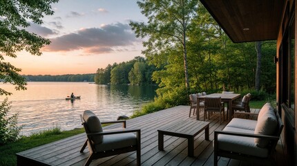 Obraz premium Modern wooden deck with outdoor furniture overlooks calm forest lake during sunset. Person paddles kayak on quiet water near trees. Luxury house patio provides peaceful leisure for people relaxing in