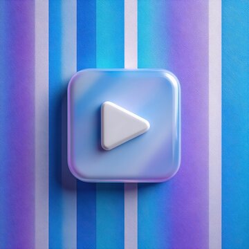 Glossy 3d play button icon on vibrant blue and purple vertical striped background for multimedia and digital media presentation concepts