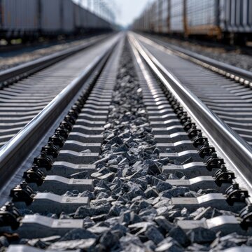 Symmetrical view down shiny parallel railway tracks with gravel and freight train cars extending into the distance under natural daylight