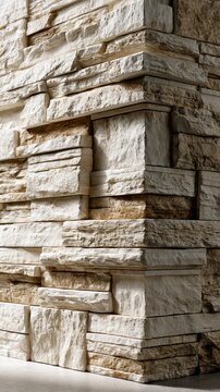 Textured sandstone bricks forming a rustic and elegant corner wall feature with warm beige and cream tones in natural lighting