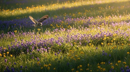 Obraz premium Owl flies low over vibrant meadow filled with purple, yellow wildflowers. Golden sunlight streams across field illuminating blooming plants, tall green grass. This wild scene suggests nature, freedom.
