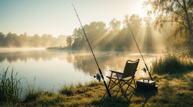 Fishing gear sets on grass near lake shore at sunrise. Two rods, portable chair stand beside water in golden morning light. Fog rises above forest trees during peaceful outdoor hobby activity. Calm