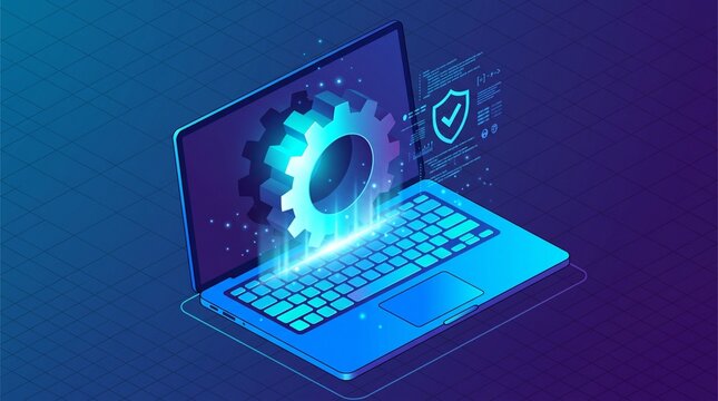 Isometric laptop with gear and security shield representing system optimization and cyber protection