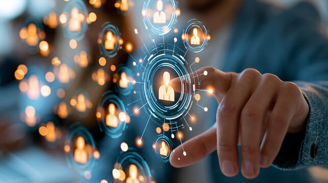Global human resource management concept, international workforce connection and HR strategy theme, digital technology interface, defocused background, with copy space