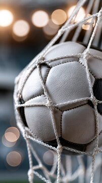 Detailed view of a leather soccer ball caught in a net with blurred stadium lights glowing in the background on an evening match setting