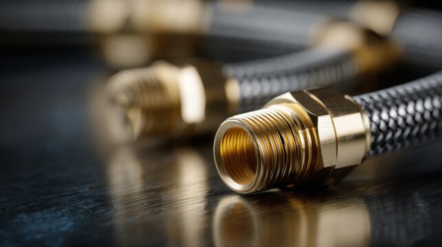 Flexible braided metal hose with brass threaded connectors for plumbing and industrial applications on reflective surface showing detailed craftsmanship and shine