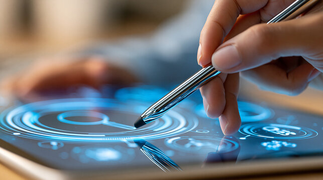 Search marketing and keywords optimization concept, close-up of hand using stylus on digital interface showing SEO icons, defocused background, with copy space