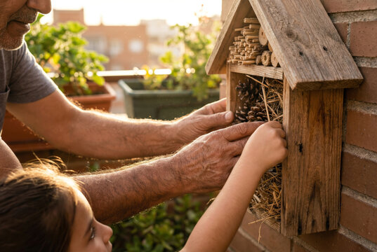 Grandfather and Granddaughter Placing Bug House. Close-up of a Hispanic grandfather and his young granddaughter working together to place a rustic wooden bug hotel on a brick wall