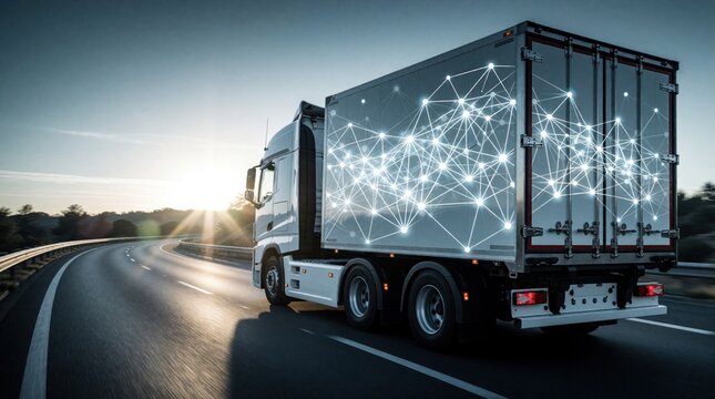 White semi truck moves on highway at sunset. Digital network graphics overlay on trailer suggest smart logistics and connectivity. Cargo vehicle drives on road.