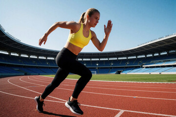 Obraz premium Young athletic woman runs on red track at stadium. Female sprinter trains for race, practices speed and endurance on sunny day. Healthy fit woman enjoys sports activity outdoors.