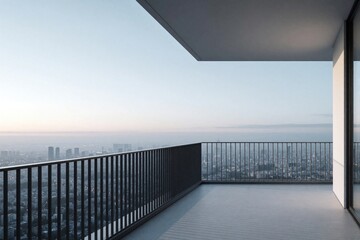 Obraz premium Empty minimalist balcony overlooking sprawling city skyline at sunrise. High rise terrace features clean lines, modern architecture. Calm atmosphere provides wide perspective of urban horizon. Luxury