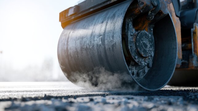Heavy road roller compacting freshly laid asphalt with steam rising on a sunny day during road construction work