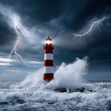 Dramatic stormy seascape with towering red and white lighthouse shining brightly amid crashing waves and striking lightning bolts under dark cloudy sky